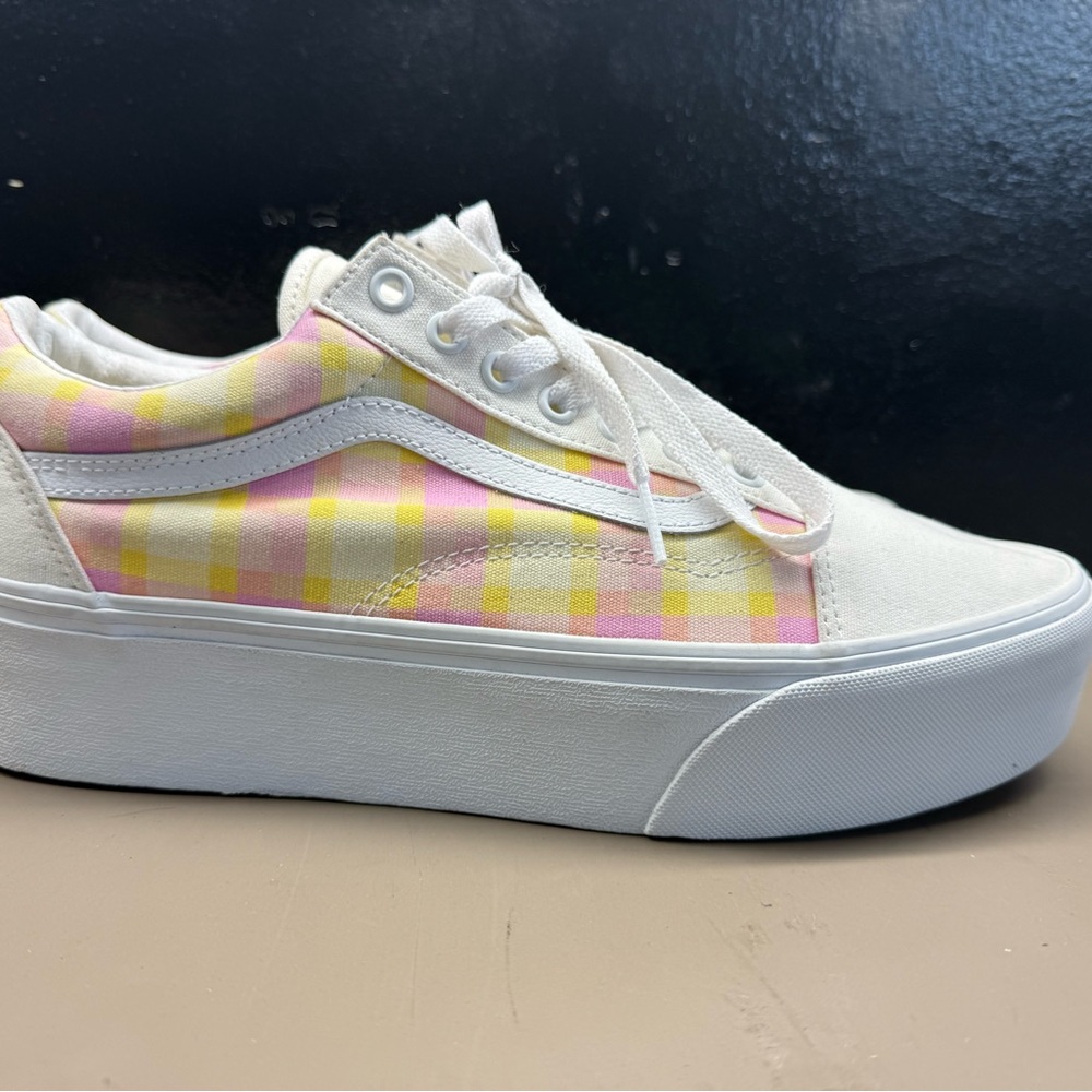 New Unisex VANS Old Skool Platform Pastel Pink Plaid Sneakers Size M 9.5/W 11.